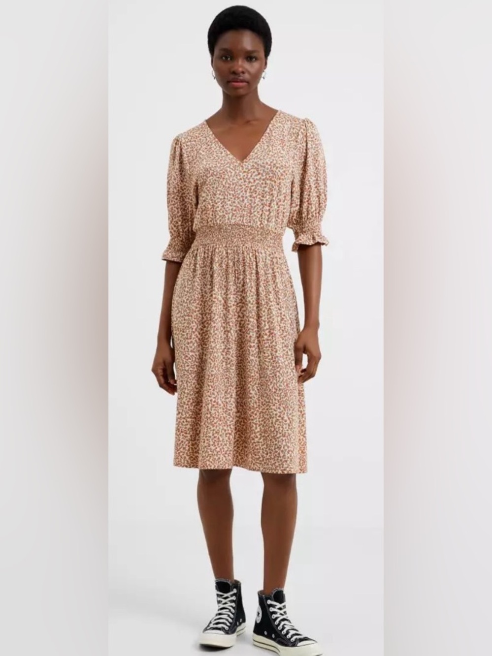 French Connection NWT Shifting Sand Print V-Neck Smocked Waist Dress Brown L